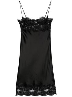 This Saint Laurent slip dress features a V-neck, adjustable spaghetti straps, lace panelling and a knee-length silhouette. The dress is made from silk and has an open back with a button closure. Saint Laurent Silk Dress, Saint Laurent Aesthetic Outfits, Ysl Black Dress, Saint Laurent Gown, Black Lace Robe, Night Ware, Aesthetic Clothes Outfits, Ysl Dress, Fall In Nyc