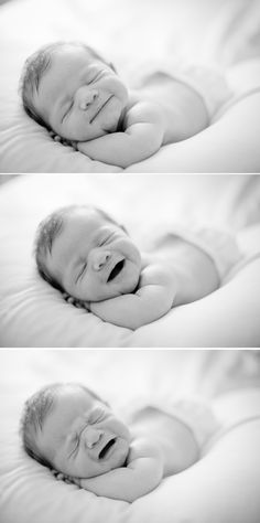 two pictures of a baby laughing and laying on it's back in the bed