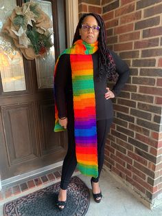 Long and warm, this extremely colorful scarf is crocheted by hand using favorite stripe Red Heart yarn. It measures 7.5 inches wide and 9 feet long. Made in a pet and smoke-free environment. Colorful Scarf, Red Heart Yarn, The Rainbow, Houston Tx, Red Heart, Scarf Wrap, Teacher Gifts, Scarf Accessory, Houston