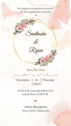 an elegant wedding card with flowers and leaves