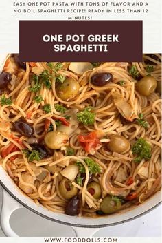 one pot greek spaghetti with olives and broccoli