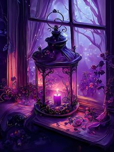 a purple lantern sitting on top of a window sill