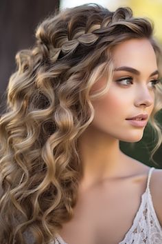 Wedding Hairstyles For Long Hair Down With Crown, Long Curled Hair With Braid, Curly Hair Formal Styles Down, Curled And Braided Hairstyles, Braid Crown Hair Down, Long Wedding Hair Curls, Crimped Hairstyles For Wedding, Homecoming Hair Down Curly, Curled Braided Hairstyles