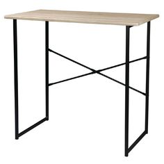 a wooden table with black metal legs on a white background