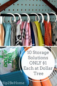 an organized closet with clothes hanging on hooks and the words 10 storage solutions only $ 1 each at dollar tree