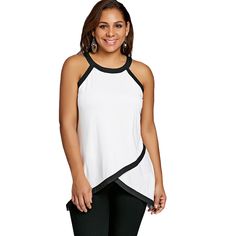 Plus Size Contrast Trim Overlap Tank Top - White - 3T40008313 - Women's Clothing, Plus Size Women's Clothing  #PlusSizeWomensClothing #Women's #Clothing # #Plus #Size #Women's #Clothing Cheap Tank Tops, Loose Tank Tops, Tunic Tank Tops, Womens Tops Summer, Plus Size Tank Tops, Plus Size Womens Clothing, Plus Size Blouses, Crop Tops Women, Plus Size Tops