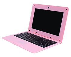 a pink laptop computer sitting on top of a white table next to a black keyboard