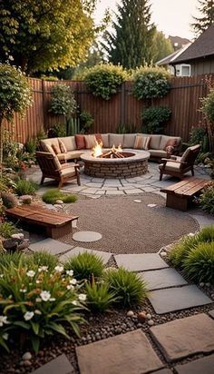 a fire pit in the middle of a garden with seating around it and trees on either side