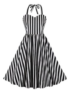 Retro Stage, Black And White Striped Dress, Black Halter Dress, 1950s Dress, Leather Cap, White Striped Dress, Vertical Stripes, Costume Dress, Denim Pant