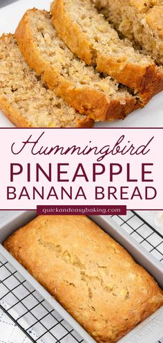 a loaf of hummingbird pineapple banana bread on a cooling rack with another loaf in the background