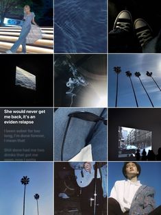 a collage of photos with palm trees and blue sky in the background, including an image of a woman