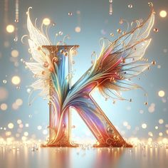 the letter k is made up of colorful feathers and sparkles on a blue background