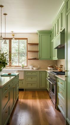 a kitchen with green cabinets and wooden floors is pictured in this image, the light shines on the counter tops