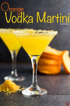 an orange vodka martini is garnished with sugar