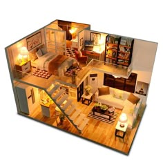 an overhead view of a dollhouse with furniture and lights in the living room area