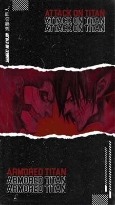 two anime covers with the title attack on titan and armaged titan written in red