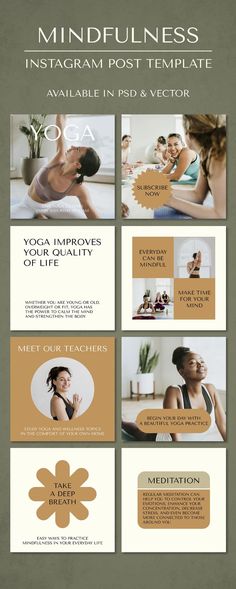 an image of a woman doing yoga with the words mindfulness instagramm post template