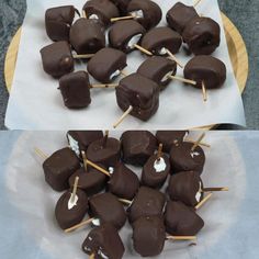 two pictures of chocolate covered marshmallows with toothpicks