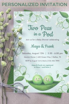 two peas in a pod baby shower party card with scissors and flowers on the table