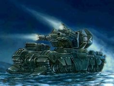 a tank floating in the ocean on top of another vehicle with it's lights on