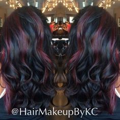 Black Hair With Red Peekaboo Highlights, Black Cherry Peekaboo Highlights, Long Hairstyles With Red Highlights, Chunky Hair Color Ideas, Fall Brunette Hair Color With Red, Black Hair With Burgundy Ends, Dark Hair Red Peekaboo, Chunky Highlights Burgundy, Burgundy Caramel Balayage