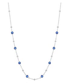 Sterling Silver Simulated Blue Sapphires Necklace measures 16"-18" Adjusted by extension chain Sapphire Necklace With Adjustable Chain, Elegant Blue Necklace With Satellite Chain, Blue Round Chain Necklace, Blue Jewelry With Round Beads Chain, Blue Jewelry With Round Bead Chains, Blue Clavicle Chain Necklaces With Round Beads, Blue Necklaces With Clavicle Chain And Round Beads, Blue Beaded Collar Necklaces, Blue Round Chain Jewelry