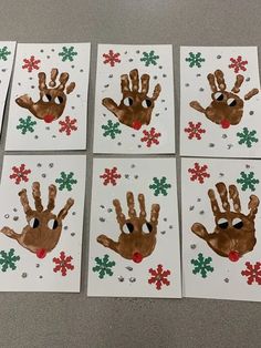 six handprints with christmas decorations on them