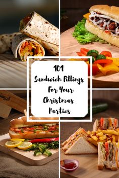 sandwiches with different toppings on them and the words 101 sandwich fillings for your christmas parties