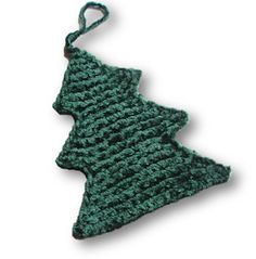 a green crocheted christmas tree ornament hanging from a string on a white background