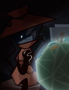 a cartoon character with a hat on holding a cell phone in front of a dark background