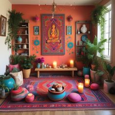 a room filled with lots of potted plants and candles on top of a rug