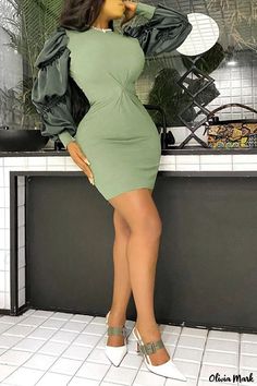 Olivia Mark - Army Green Solid Patchwork O-Neck Pencil Skirt Dress for Women Green Stretch Bodycon Dress For Work, Green Bodycon Mini Dress For Work, Collar Jumpsuit, Casual Wear Dress, Pencil Skirt Dress, Fitted Mini Dress, Puff Long Sleeves, Women Long Sleeve Dress, Round Neck Dresses