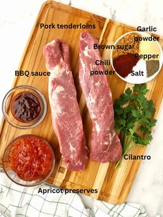 raw meat on a cutting board with spices and seasonings to make barbecue sauces