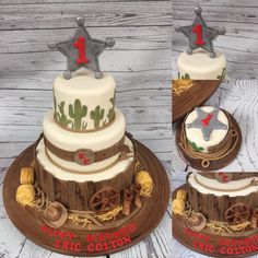 three tiered cake with cowboy themed decorations on it's sides and the number one in the middle