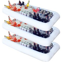 three inflatable coolers filled with beer bottles