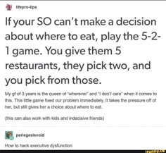 a tweet with the caption if your so can't make a decision about where to eat, play the 5 - 2 game