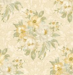 a floral wallpaper with white flowers and green leaves on a light blue background,