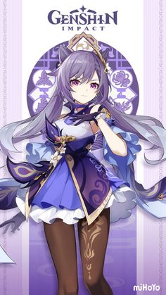 an anime character with long purple hair and blue eyes, in front of a white background