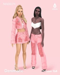 two barbie dolls standing next to each other in front of a pink background with the words dem