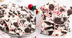 two pictures side by side, one with oreo cookies and the other with candy canes