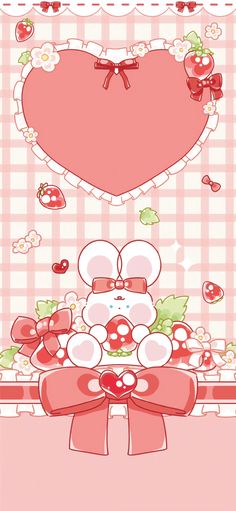 a teddy bear holding a heart on top of a checkered tablecloth with cherries