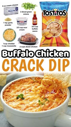 Cheesy Buffalo Chicken, Chicken Dip Recipe, Appetizers Easy Finger Food, Finger Foods Easy, Dip Recipes Easy, Chicken Dip, Sliced Baguette, Superbowl Party Food, Pita Chips