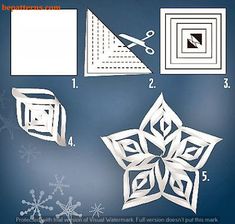 paper snowflakes are cut out and placed on a blue background with instructions to make them