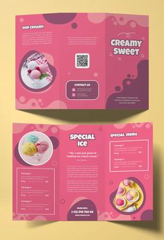 a pink and purple brochure with some food on it