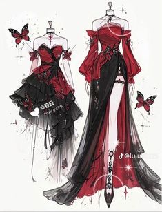 a drawing of a red and black dress with butterflies on it