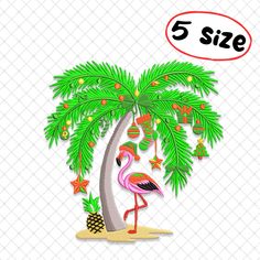 a pink flamingo standing under a palm tree with christmas decorations on it's branches