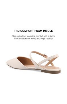 Comfort cushioning brings lasting support to a wardrobe-staple pointed-toe flat secured with slender slingback straps. Adjustable ankle strap with buckle closure Synthetic upper, lining and sole Imported Slingback Pumps With Adjustable Strap For Spring, Synthetic Slingback Pumps With Adjustable Strap, Spring Slingback Pumps With Cushioned Footbed, Flat Synthetic Slingback Pumps For Spring, Spring Ankle Strap Slingback Pumps With Cushioned Footbed, Slingback Flats, Pointed Toe Flats, Journee Collection, Womens Flats