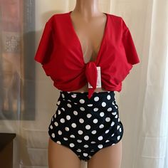 Cocoship Two Piece Swimsuit Size 20 New Sleeve Bathing Suit, Knot Front Top, High Waisted Swim Bottoms, High Waisted Swim, Two Piece Swimsuit, Swimsuit Tops, Womens Swim, Size 20, Black Red