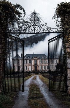 an iron gate leading to a large house