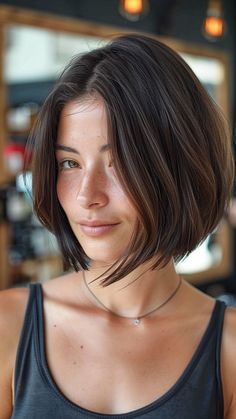 25 Slimming Haircuts to Elevate Round Face Symmetry Bob Hairstyles Long Front Short Back, Bob Hair Styles For Round Face, Bob Deep Side Part, Short Hair Mid Size Woman, Sleek Chin Length Bob, Chin Length Bob Square Face, Short Haircut With Face Framing, Short Bob Hairstyles For Round Faces, Short Hair Styles Asian